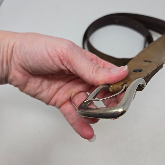 Vintage 46" Brown Leather Belt With Woven Southwestern Pattern & Silver Coin - Picture 3 of 7